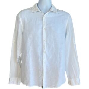 Perry Ellis Mens Linen Cotton Button Down Shirt White Size Medium Beachy Lux